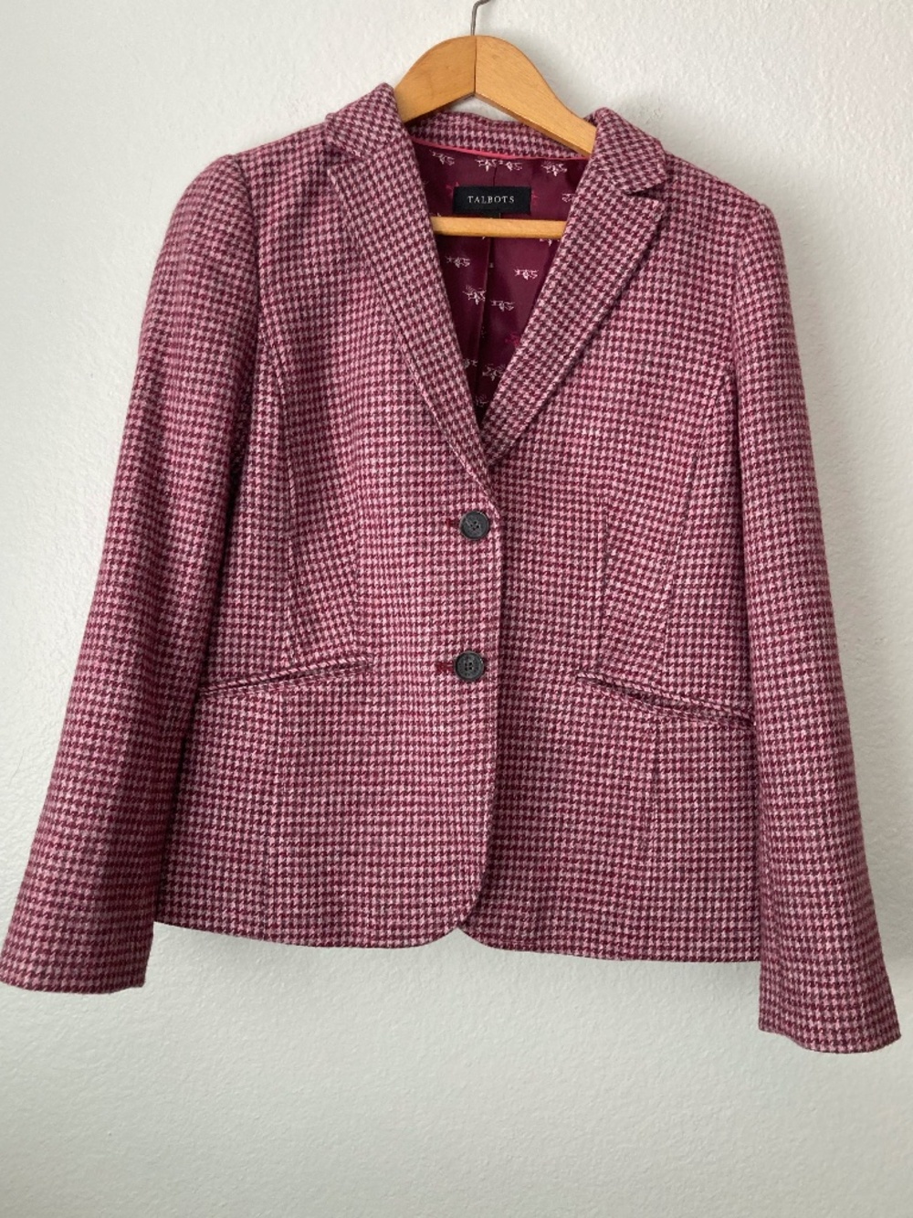 Talbots Jacket Pink Houndstooth Check Wool Blend Blazer Tweed sz 8 Office